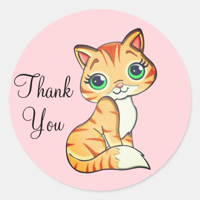 Cute kitty cat with heart Thank You on Light Pink Classic Round Sticker (Front)