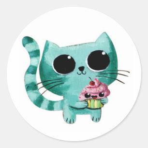 Cute Kitty Cat with Kawaii Cupcake Classic Round Sticker