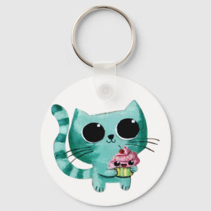 Cute Kitty Cat with Kawaii Cupcake Key Ring