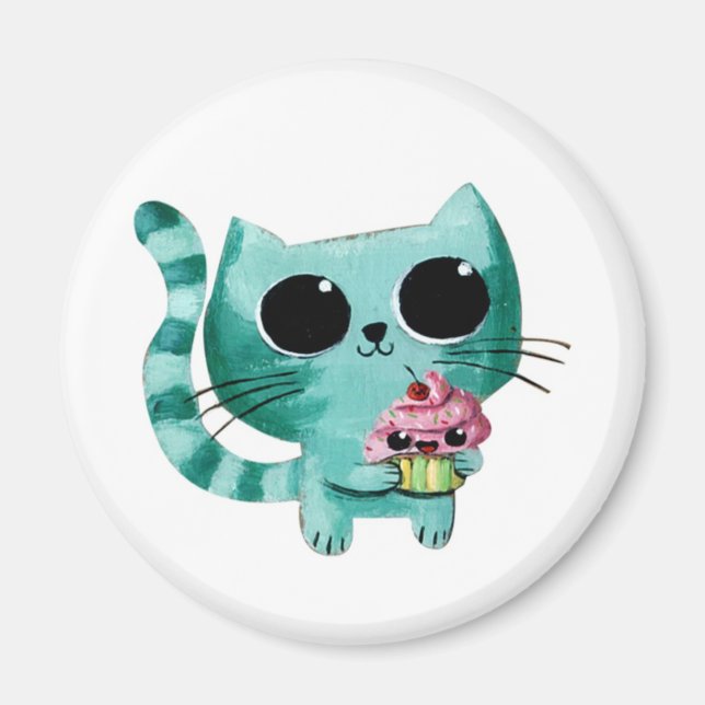 Cute Kitty Cat with Kawaii Cupcake Magnet (Front)
