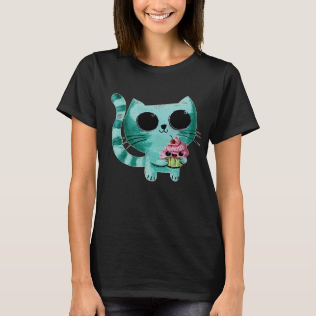 Cute Kitty Cat with Kawaii Cupcake T-Shirt (Front)