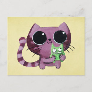 Cute Kitty Cat with Little Green Monster Postcard