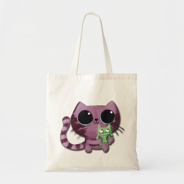 Cute Kitty Cat with Little Green Monster Tote Bag (Front)