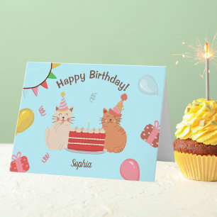 Cute Kitty Cats Blue Birthday Party Card