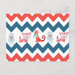 Cute Kitty Cats Blue Coral Chevron Stripes Pattern Postcard