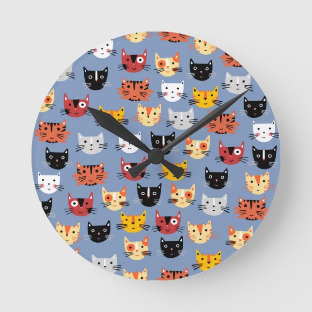 Cute Kitty Cats Fun Pattern Blue Round Clock (Front)