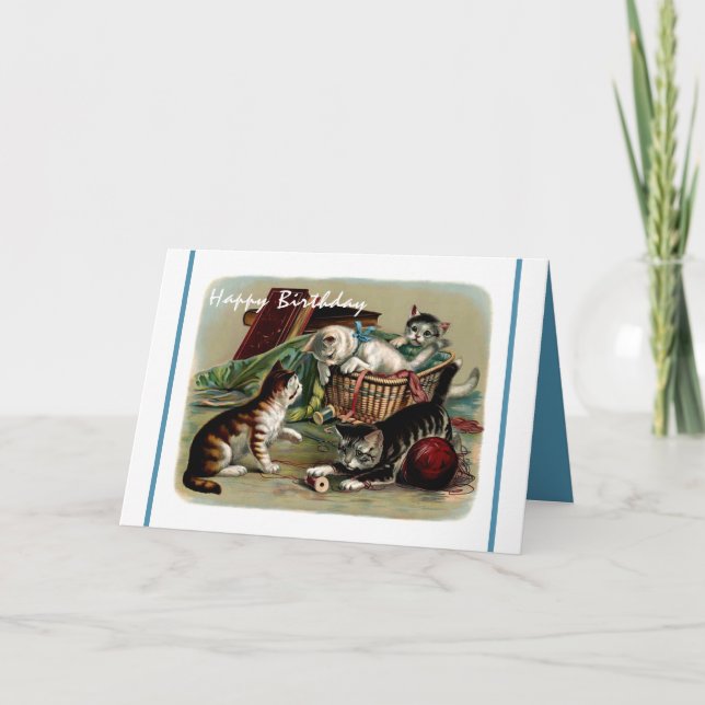 Cute Kitty Cats Vintage Picture Happy Birthday Card (Front)