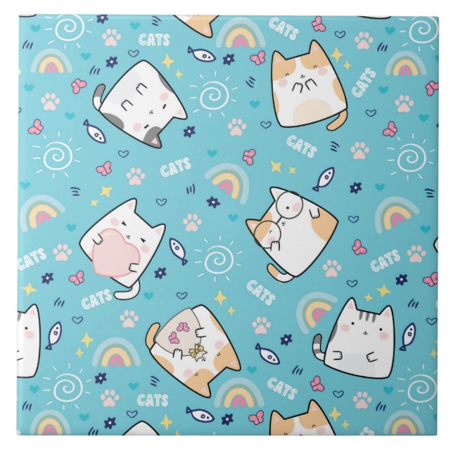 Cute Kitty Cats Whimsical Pattern Tile (Front)