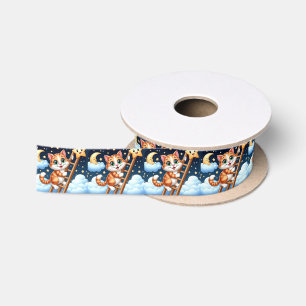 Cute Kitty Climbs Ladder to the Moon Satin Ribbon
