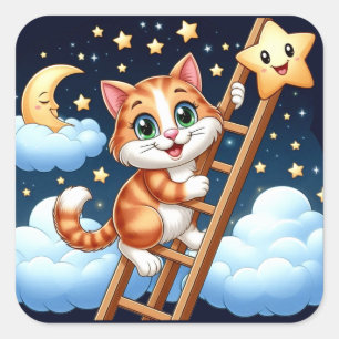 Cute Kitty Climbs Ladder to the Moon Square Sticker