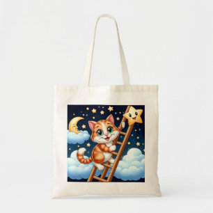Cute Kitty Climbs Ladder to the Moon  Tote Bag