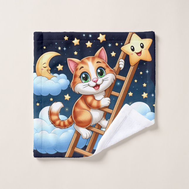 Cute Kitty Climbs Ladder to the Moon  Wash Cloth (Wash Cloth)