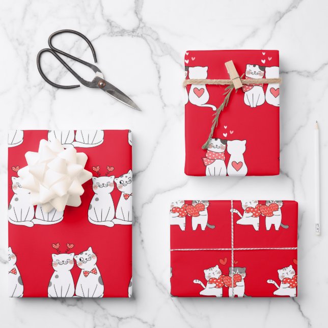 Cute Kitty Couple Wrapping Paper Sheet (Front)