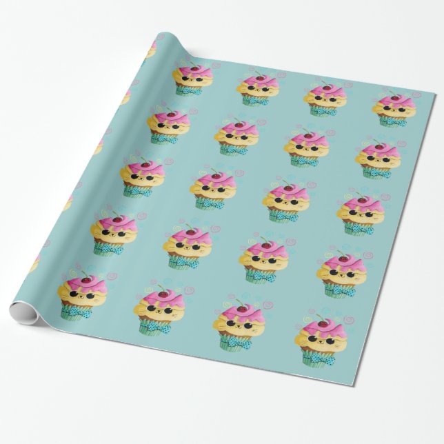 Cute Kitty Cupcake Wrapping Paper (Unrolled)