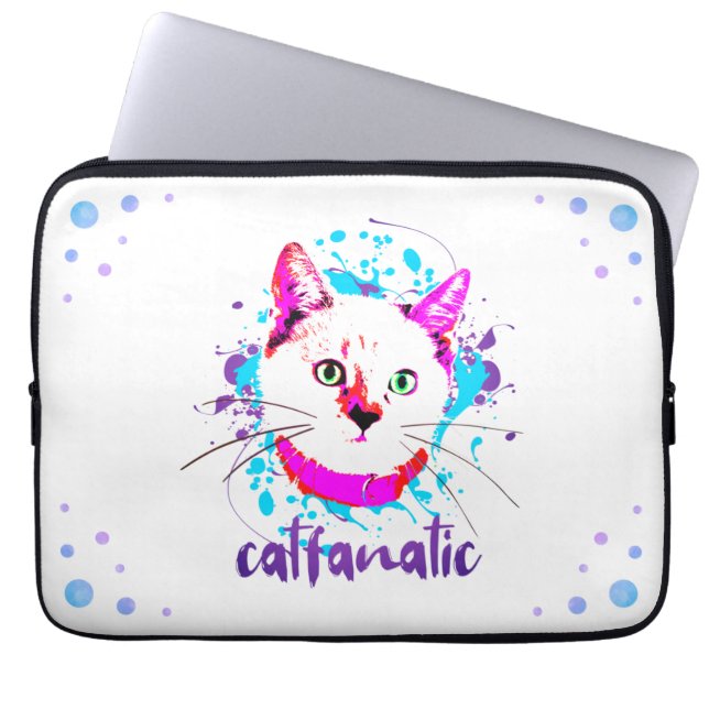 Cute Kitty Face Hot Pink Blue Cat Fanatic Laptop Sleeve (Front)