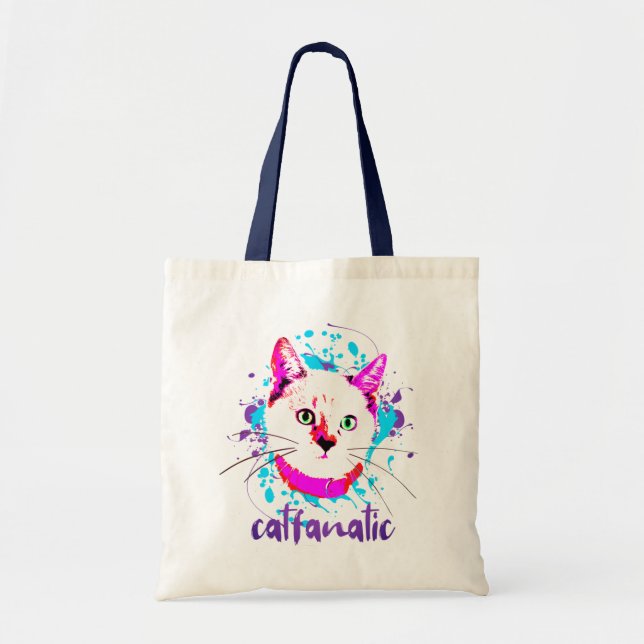 Cute Kitty Face Hot Pink Blue Cat Fanatic Tote Bag (Front)