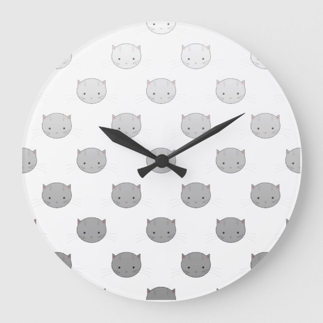 Cute Kitty Faces in Black White Grey Large Clock (Front)