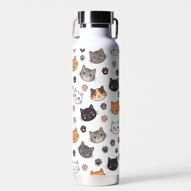 Cute Kitty Faces & Paw Prints Water Bottle (Front)