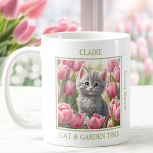 Cute Kitty Garden Pink Tulips Cat Lover Name Mug