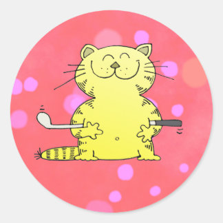 Cute Kitty Golfer Red Back Ground Classic Round Sticker