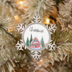 Cute Kitty Illustration Snowflake Pewter Christmas Ornament