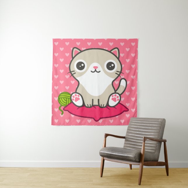 Cute Kitty Illustration Tapestry (In Situ)