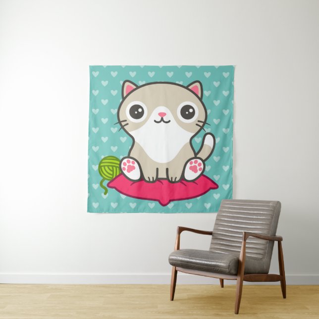 Cute Kitty Illustration Tapestry (In Situ)