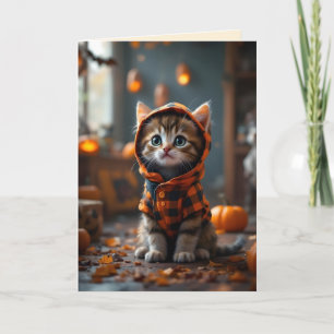 Cute kitty in a black and orange coat on Halloween Card