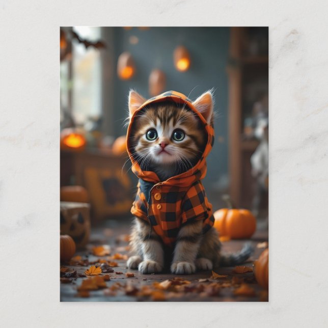 Cute kitty in a black and orange coat on Halloween Postcard (Front)