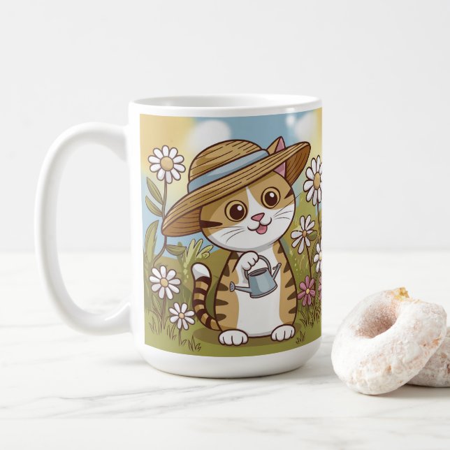 Cute Kitty in a Sun Hat with Flowers Coffee Mug (With Donut)