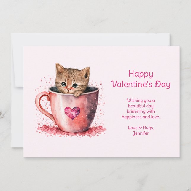 Cute Kitty in a Teacup with Hearts Valentine's Day Holiday Card (Front)