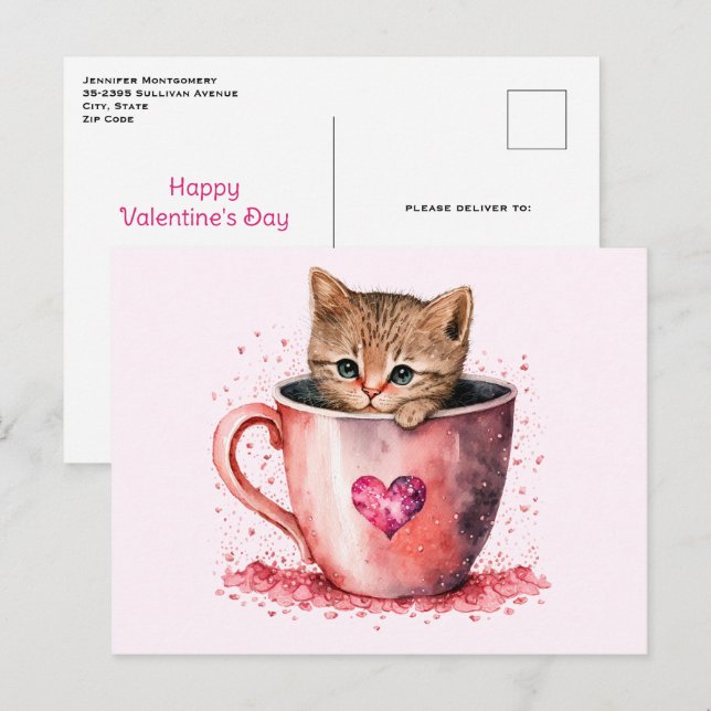 Cute Kitty in a Teacup with Hearts Valentine's Day Holiday Postcard (Front/Back)