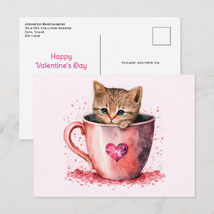 Cute Kitty in a Teacup with Hearts Valentine's Day Holiday Postcard
