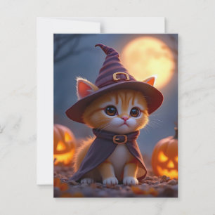 Cute kitty in a witch costume, Halloween  Postcard