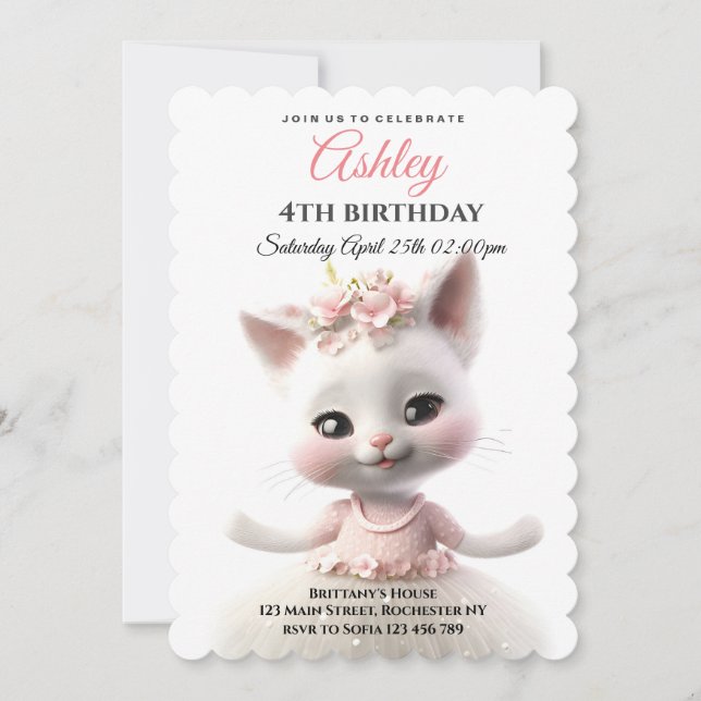 Cute Kitty in pink dress Invitation (Front)