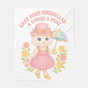 Cute Kitty in Pink Dress – Umbrella Pose Fleece Blanket