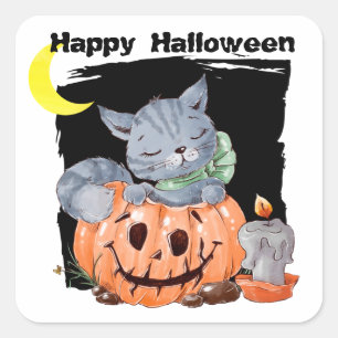 Cute Kitty Jack o' Lantern Kids Halloween Square Sticker