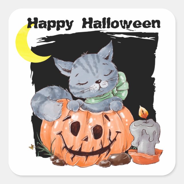 Cute Kitty Jack o' Lantern Kids Halloween Square Sticker (Front)
