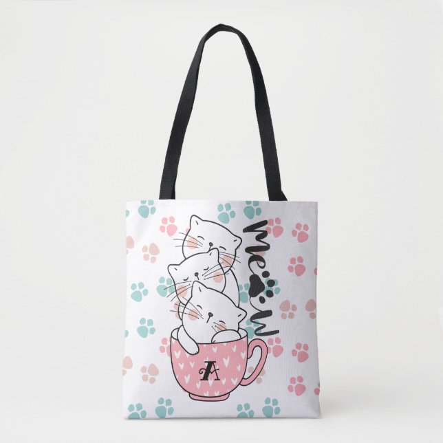 Cute Kitty Kittens Cats in Pink Cup Monogram Tote Bag (Front)
