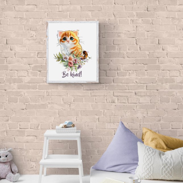 Cute kitty looking up with watercolor flowers poster (Creator Uploaded)