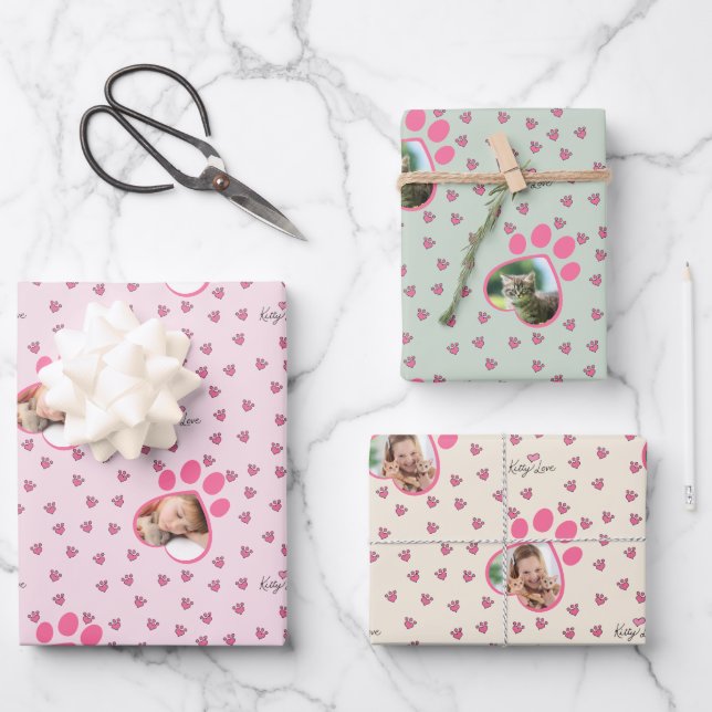 Cute Kitty Love Three Custom Cat Photos  Wrapping Paper Sheet (Front)