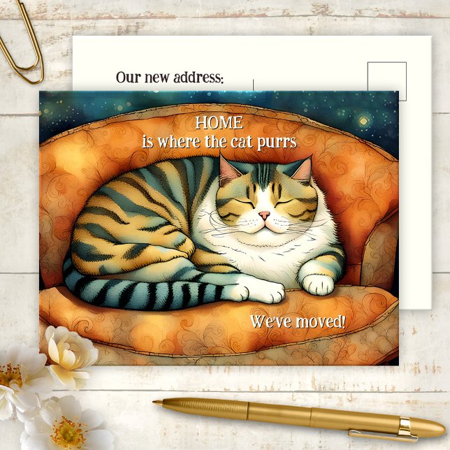 Cute Kitty Moving New Address Announcement Postcard (New address postcard featuring an illustration of a cute kitty dreaming on the couch)
