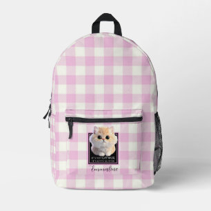 Cute kitty pink white plaid personalise printed backpack