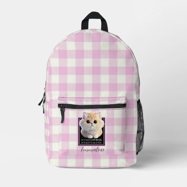 Cute kitty pink white plaid personalise  printed backpack (Front)