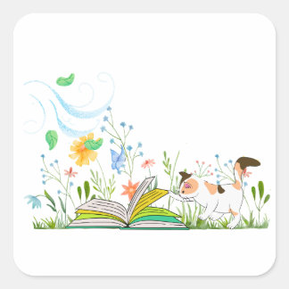 Cute Kitty Reading a Book. Square Sticker