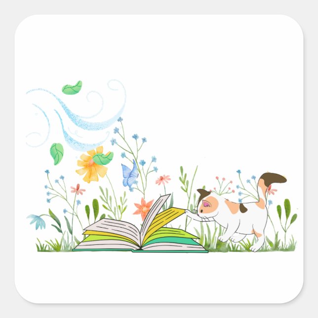 Cute Kitty Reading a Book. Square Sticker (Front)