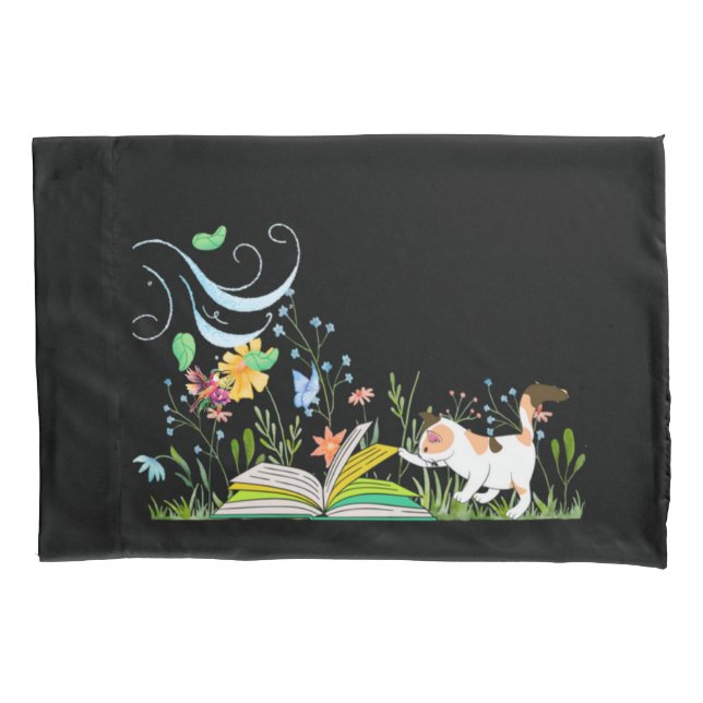 Cute Kitty Reading in the Garden Pillowcase (Front)