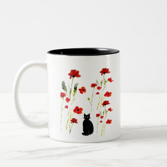 Cute Kitty Red Poppy Two-Tone Coffee Mug (Left)