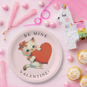 Cute Kitty Vintage Be Mine Valentine Paper Plate