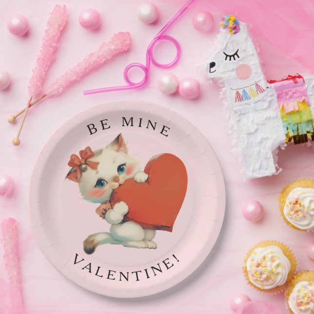 Cute Kitty Vintage Be Mine Valentine Paper Plate (Party)
